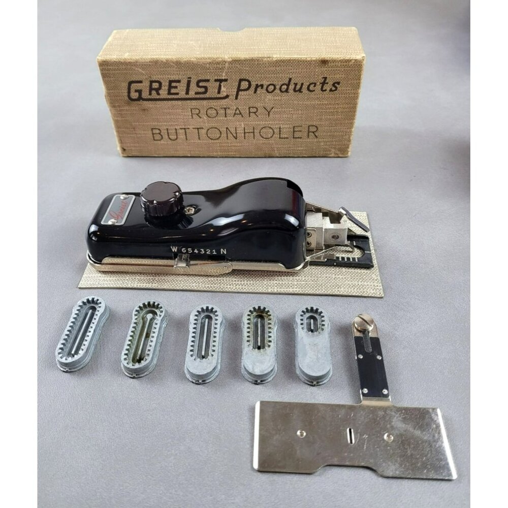 Vintage Greist Rotary Buttonholer Attachment in Box Manual 5 Attachments  JH1502